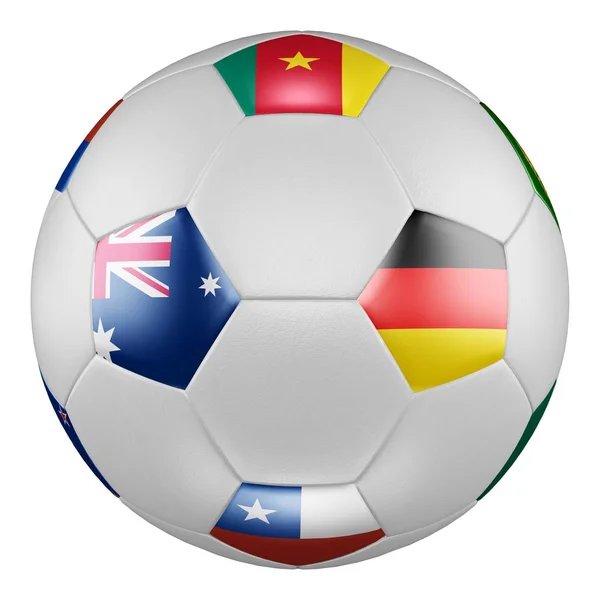 Confederations Cup 2017 Gruppe b. Spiel Australien gegen Deutschland. Fußball mit Fahnen von Deutschland, Australien, Chile, Kamerun auf weißer Leinwand. 3D-Darstellung. — Stockfoto