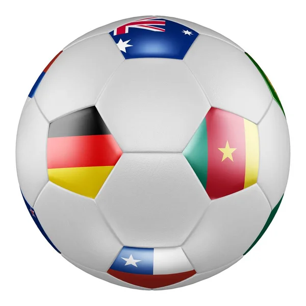 Confederations Cup 2017 Gruppe b. Spiel Deutschland gegen Kamerun. Fußball mit Fahnen von Deutschland, Australien, Chile, Kamerun auf weißer Leinwand. 3D-Darstellung. — Stockfoto