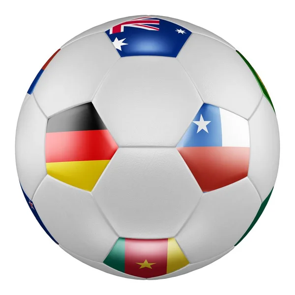 Confederations Cup 2017 Gruppenspiel Deutschland gegen Chile. Fußball mit Fahnen von Deutschland, Australien, Chile, Kamerun auf weißer Leinwand. 3D-Darstellung. — Stockfoto