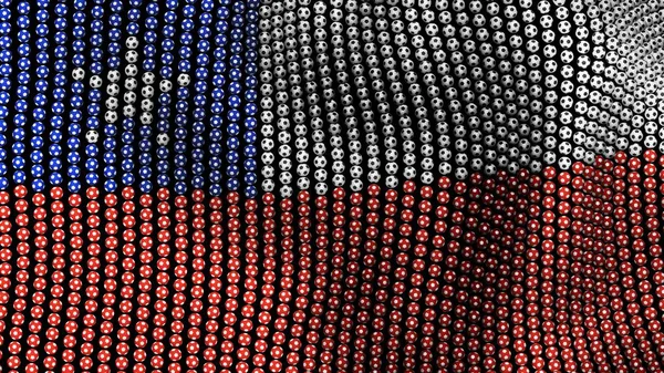 Прапор Чилі, що складається з багатьох футбольні м'ячі розвіваються на вітрі, на чорному тлі. 3D ілюстрація. — стокове фото