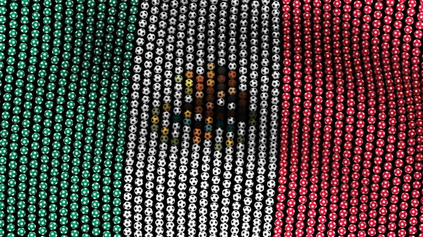 Прапор Мексики, що складається з багатьох футбольні м'ячі розвіваються на вітрі, на чорному тлі. 3D ілюстрація. — стокове фото