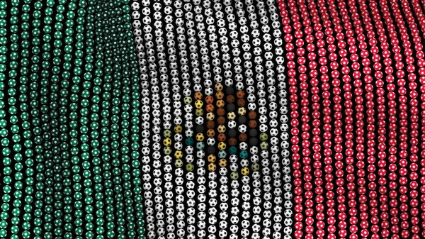 Флаг Мексики, состоящий из многих футбольных мячей, развевающихся на ветру, на черном фоне. 3D иллюстрация . — стоковое фото