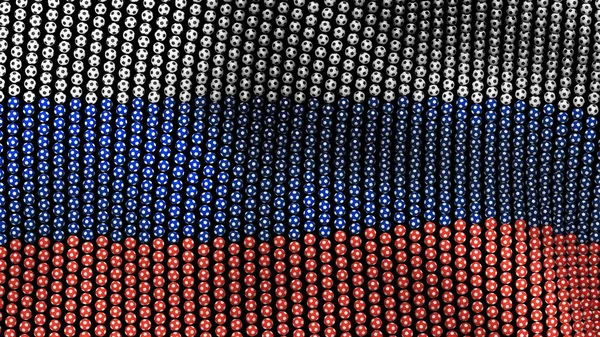 Прапор Росії, що складається з багатьох футбольні м'ячі розвіваються на вітрі, на чорному тлі. 3D ілюстрація. — стокове фото