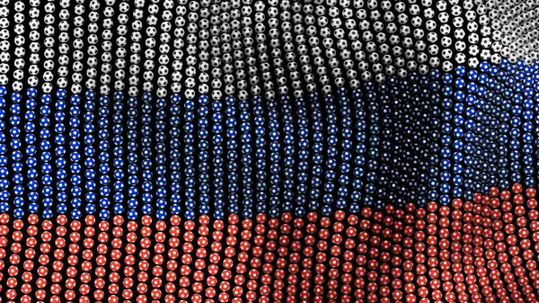 Bandera de Rusia, que consiste en muchas pelotas de fútbol revoloteando en el viento, sobre un fondo negro. Ilustración 3D . —  Fotos de Stock