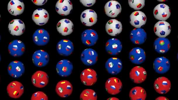 Confederations Cup 2017. Rotating white, red and blue balls with flags Russia, Germany, Australia, Chile, Mexico, New Zealand, Portugal, Cameroon form the flag of Russia.  Black screen. — Stock Video