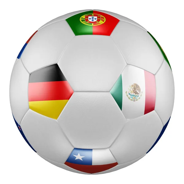 Confederations Cup 2017. Halbfinale. Spiel Deutschland gegen Mexiko. Fußball mit Flaggen von Portugal, Mexiko, Deutschland, Chile auf weißer Leinwand. 3D-Darstellung. — Stockfoto