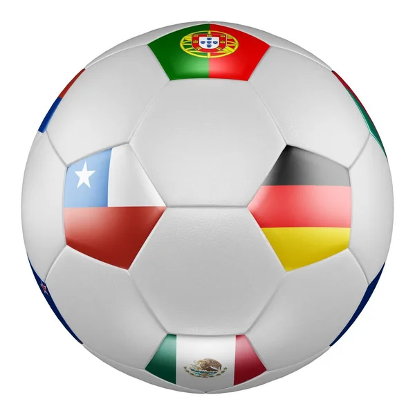Confederations Cup 2017. Finale. Spiel Deutschland gegen Chile. Fußball mit Flaggen von Portugal, Mexiko, Deutschland, Chile auf weißer Leinwand. 3D-Darstellung. — Stockfoto