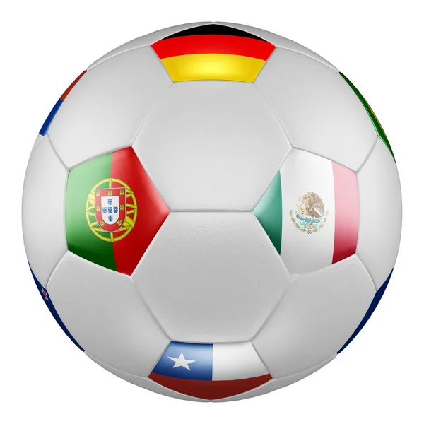 Piala Konfederasi 2017. Akhir. Pertandingan Portugal melawan Meksiko. Bola sepak bola dengan bendera Portugal, Meksiko, Jerman, Chili pada layar putih. Perender 3D . — Stok Foto