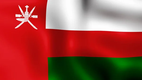 Flaggensultanat von Oman, flatternd im Wind. 3D-Darstellung. Es sind verschiedene Phasen der Bewegung Nahaufnahme Flagge im Wind. — Stockfoto