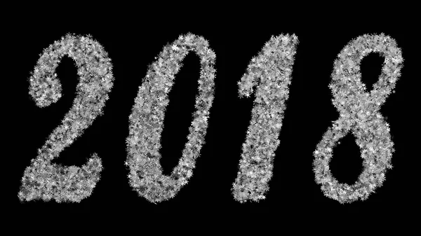 2018 Nieuwjaar inscriptie uit middelgrote sneeuwvlokken op een zwarte achtergrond. Optimaal voor het gebruik in het scherm. — Stockfoto