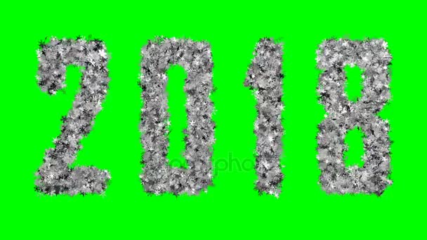 Neujahrsaufschrift 2018, bestehend aus flackernden Schneeflocken auf grünem Hintergrund. optimal für den Einsatz im Bildschirmmodus. 4k, 3840x2160. Symbol für das neue Jahr 2018. Video in Schleife. — Stockvideo
