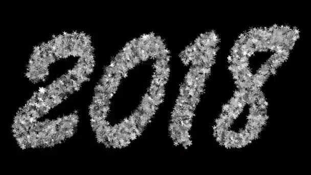 Neujahrsaufschrift 2018, bestehend aus flackernden Schneeflocken auf schwarzem Hintergrund. optimal für den Einsatz im Bildschirmmodus. 4k, 3840x2160. Symbol für das neue Jahr 2018. Video in Schleife. — Stockvideo
