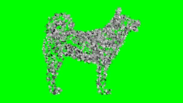 緑の背景にちらつく雪の結晶から成る犬の図面。画面モードでの使用に最適です。4 k、3840 x 2160。シンボル 2018 年。ループ動画. — ストック動画