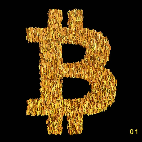 Bitcoin Sembolü Altın Sıfırlar Birler Siyah Bir Arka Plan Üzerinde — Stok fotoğraf