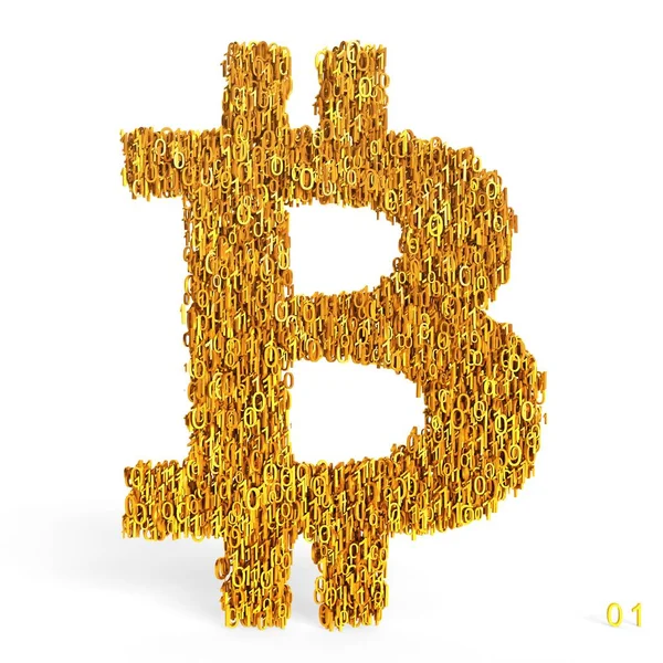 Bitcoin Sembolü Altın Sıfırlar Birler Beyaz Bir Arka Plan Üzerinde — Stok fotoğraf