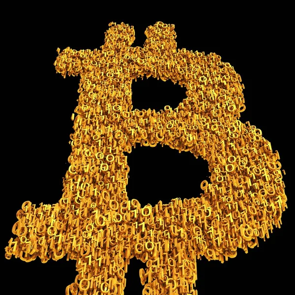 Bitcoin Sembolü Altın Sıfırlar Birler Siyah Bir Zemin Üzerine Oluşur — Stok fotoğraf