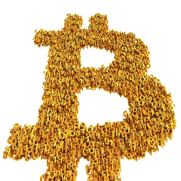 Bitcoin Sembolü Altın Sıfırlar Birler Beyaz Bir Arka Plan Üzerinde — Stok fotoğraf