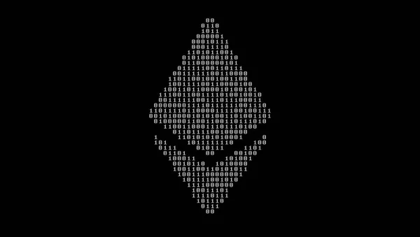 Ethereum sembolü sıfırlar ve birler siyah bir arka plan üzerinde oluşan bir ikili kod.
