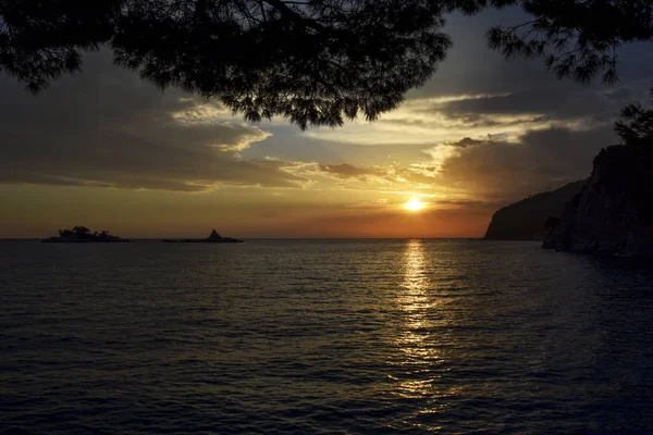 Superbe Vue Sur Coucher Soleil Été Sur Plage Petrovac Monténégro — Photo