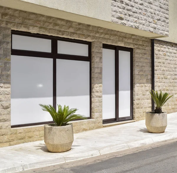 スタイリッシュなヴィラへの窓と つの装飾的な植物に白のポスターを入力 ストック画像