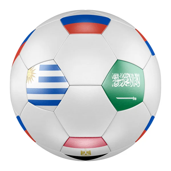 Fotboll Med Grupp Flaggor Ryssland Egypten Saudiarabien Uruguay Vit Bakgrund — Stockfoto