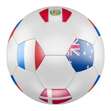 3D futbol topu ile Fransa, Avustralya, Peru, Danimarka C grubu bayrakları beyaz arka plan üzerinde. Fransa ve Avustralya arasında maçı