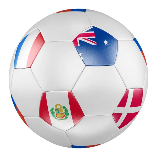 Fußball Mit Gruppe Fahnen Von Frankreich Australien Peru Denmark Auf — Stockfoto