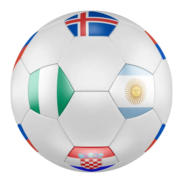 3D soccer ball with group D flags of Argentina, Iceland, Croatia, Nigeria on white background. Match between Nigeria  and Argentina