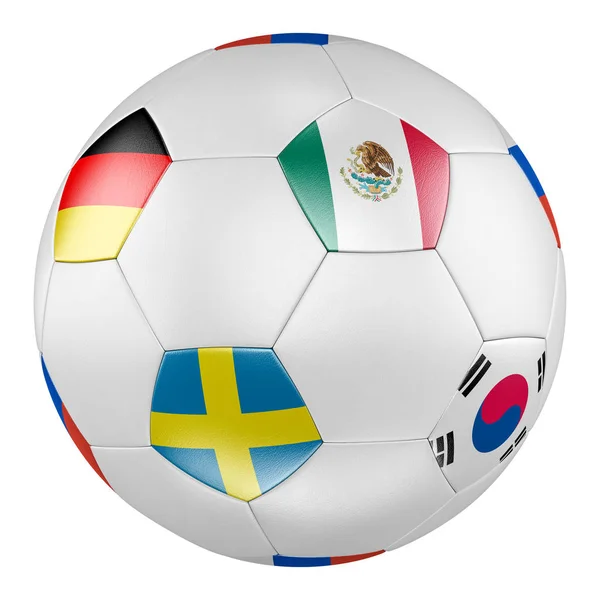 白い背景のドイツ メキシコ スウェーデン 韓国のフラグのグループ のサッカー ボール — ストック写真