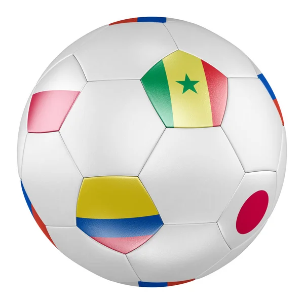 Μπάλα Ποδοσφαίρου Ομάδα Σημαίες Της Πολωνίας Σενεγάλη Κολομβία Ιαπωνία Λευκό — Φωτογραφία Αρχείου
