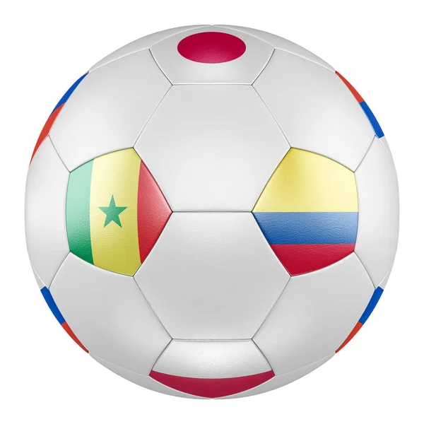 Μπάλα Ποδοσφαίρου Ομάδα Σημαίες Της Πολωνίας Σενεγάλη Κολομβία Ιαπωνία Άσπρο — Φωτογραφία Αρχείου