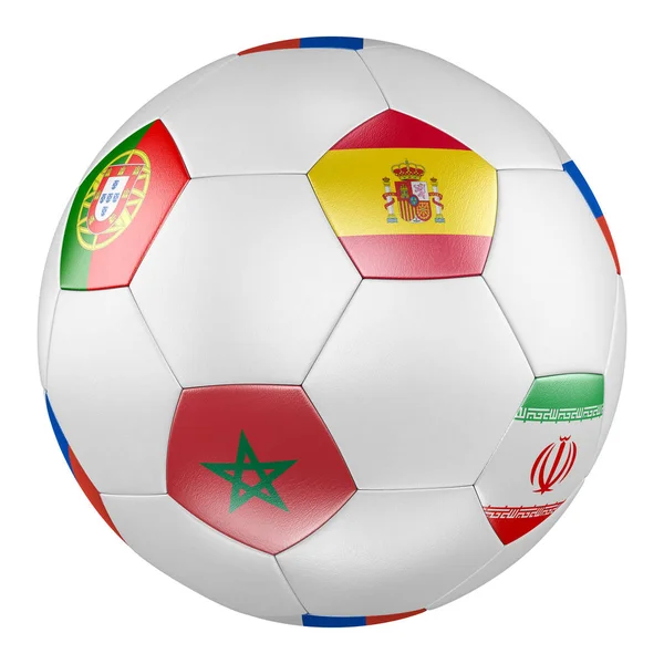 Μπάλα Ποδοσφαίρου Ομάδα Σημαίες Από Ισπανία Μαρόκο Πορτογαλία Ιράν Λευκό — Φωτογραφία Αρχείου