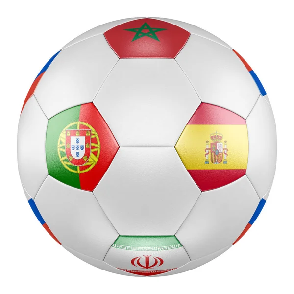 Balle Football Avec Drapeaux Groupe Portugal Espagne Maroc Iran Sur — Photo