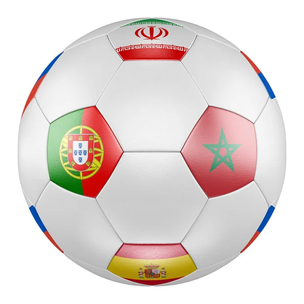 Balle Football Avec Drapeaux Groupe Portugal Espagne Maroc Iran Sur — Photo