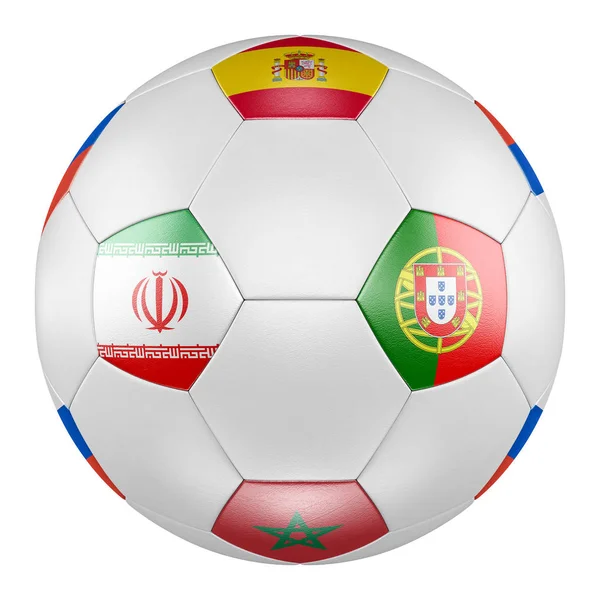 Μπάλα Ποδοσφαίρου Ομάδα Σημαίες Από Ισπανία Μαρόκο Πορτογαλία Ιράν Άσπρο — Φωτογραφία Αρχείου