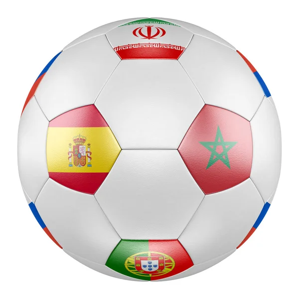 Fußball Mit Gruppe Flaggen Aus Portugal Spanien Marokko Iran Auf — Stockfoto