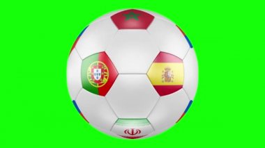 3D futbol topu B grubu ile bayraklar, Portekiz, İspanya, Fas, Iran yeşil ekranda izole. Futbol Rusya 2018. Tüm eşleşmeleri sırasına göre zamanlama değişim. 4k, 3840 x 2160. İlmekledi video.