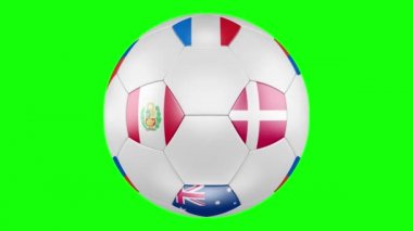 3D futbol topu C grubu ile bayraklar Fransa, Avustralya, Peru, yeşil ekranda izole Danimarka. Futbol Rusya 2018. Tüm eşleşmeleri sırasına göre zamanlama değişim. 4k, 3840 x 2160. İlmekledi video.