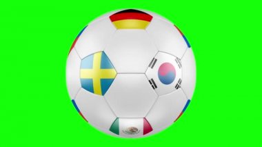 3D futbol topu ile grup F bayrakları Almanya, Meksika, İsveç Güney Kore yeşil ekranda izole. Futbol Rusya 2018. Tüm eşleşmeleri sırasına göre zamanlama değişim. 4k, 3840 x 2160. İlmekledi video.