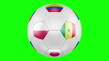 3D futbol topu ile Polonya, Senegal, Kolombiya, Japonya yeşil ekran üzerinde H Grubu bayrakları. Futbol Rusya 2018. Tüm eşleşmeleri sırasına göre zamanlama değişim. 4k, 3840 x 2160. İlmekledi video.
