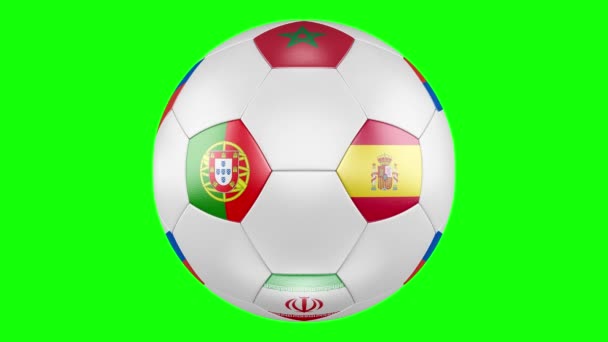 Soccer Ball Group Flags Portugal Spain Morocco Iran Isolated Green — Stock Video