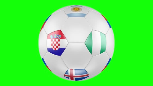 3D-s futball-labda, D-csoport, zászlók, Argentína, Izlandra, Horvátország, Nigéria elszigetelt zöld képernyő. Labdarúgás Oroszország 2018. Minden mérkőzés, az ütemezés sorrendjét cserélhetjük. 4k, 3840 x 2160. Végtelenített videóinak.