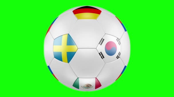 Fotbalový Míč Skupiny Vlajky Německo Mexiko Švédsko Korejská Republika Samostatný — Stock video