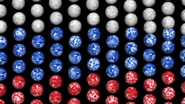 旋转白色 红色和蓝色球以参与的国家旗子形成俄国旗子 2018世界杯 无缝循环视频 3840X2160黑屏 — 图库视频影像