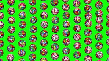 Katılımcı ülkelerin Dünya Kupası 2018 bayrakları taşıyan döndürme futbol topu. 4k, 3840 x 2160. Kesintisiz döngü video. 3D render. Yeşil ekran.