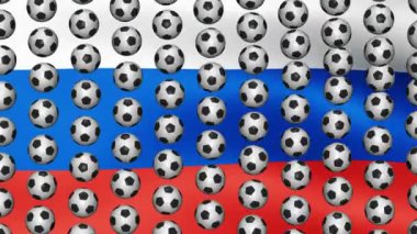 Rusya, rüzgarda çırpınan bayrağı. Beyaz döner, kırmızı ve mavi top ile katılımcı ülkelerin bayrakları bayrak Rusya'nın formu. Dünya Kupası 2018. 3D render. 4k, 3840 x 2160. Kesintisiz döngü video.