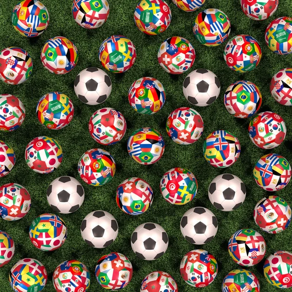Рендеринг Футбольных Мячей Траве Семь Черно Белых Шаров Формируют Smile Лицензионные Стоковые Фото