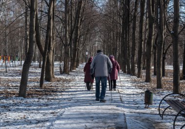 Yaşlı insanlar ilkbaharda parkta kayak direkleriyle birlikte yürür, İsveççe yürürler.