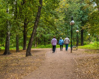 Yaşlı insanlar sonbaharda parkta birlikte yürürler..