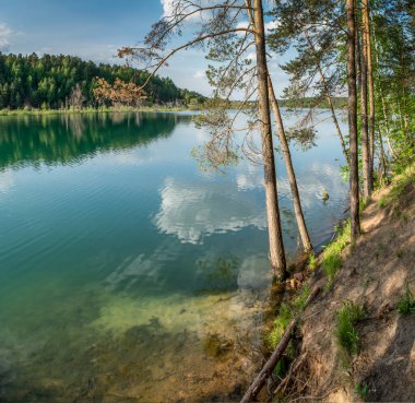 Rusya, Moskova bölgesi, Dzerzhinsky - Akşamları orman gölü. Göldeki yansıma bulutları.